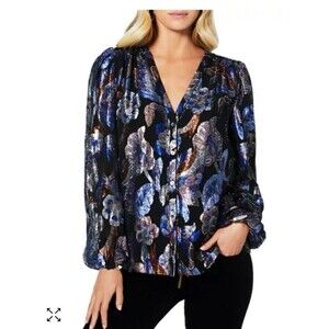 Ramy Brook S Trey Metallic Floral  v neck button down Blouse